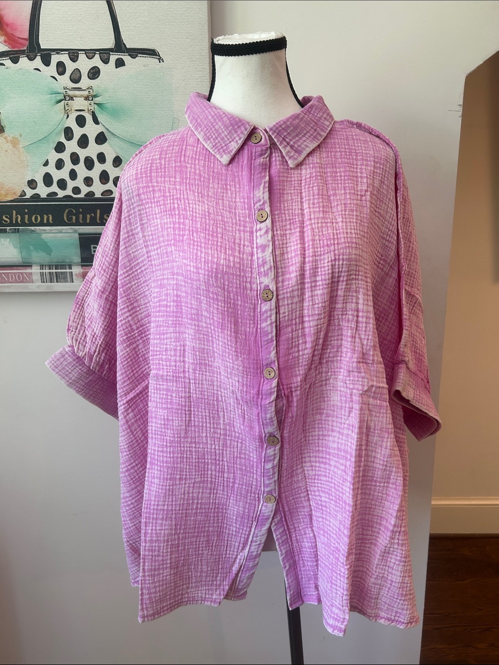 Zenana Pink Double Gauze 3/4 Sleeve Button up Shirt